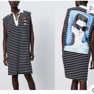 Zara NWT Natacha Paschal Blue Collared Art to Wear Striped Sheath Dress - Small